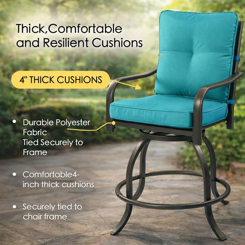 Kozyard outdoor swivel chair close up focusing on the thick resilient seat cushions made of durable weather resistant polyester fabric securely tied with straps to the metal frame.