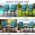 Kozyard versatile patio bar stools set shown in multiple scenes including a poolside deck, grassy yard lawn, stone tiled patio bistro area, and an outdoor high rise apartment terrace balcony.