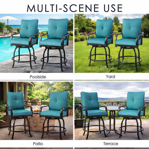 Kozyard versatile patio bar stools set shown in multiple scenes including a poolside deck, grassy yard lawn, stone tiled patio bistro area, and an outdoor high rise apartment terrace balcony.