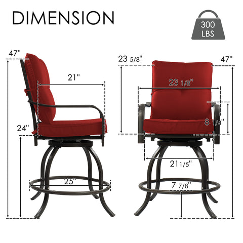 Kozyard outdoor bar height chair dimension guide illustrating total height, seat width, armrest height, footrest clearance, and a three hundred pounds weight capacity limit icon.