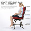 Kozyard ergonomic patio bar stool infographic demonstrating the wave-shaped high-back design providing full spine support, neck care, lumbar alignment, pressure relief, and footrest relaxation.