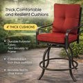 Kozyard outdoor swivel chair close up focusing on the thick resilient seat cushions made of durable weather resistant polyester fabric securely tied with straps to the metal frame.