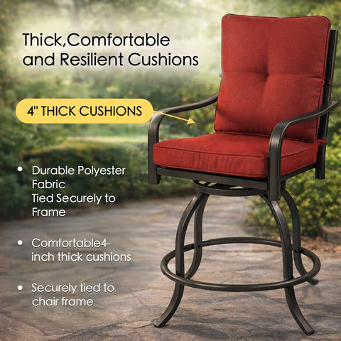 Kozyard outdoor swivel chair close up focusing on the thick resilient seat cushions made of durable weather resistant polyester fabric securely tied with straps to the metal frame.