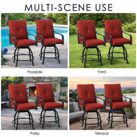 Kozyard versatile patio bar stools set shown in multiple scenes including a poolside deck, grassy yard lawn, stone tiled patio bistro area, and an outdoor high rise apartment terrace balcony.