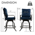 Kozyard outdoor bar height chair dimension guide illustrating total height, seat width, armrest height, footrest clearance, and a three hundred pounds weight capacity limit icon.