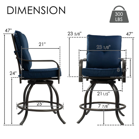 Kozyard outdoor bar height chair dimension guide illustrating total height, seat width, armrest height, footrest clearance, and a three hundred pounds weight capacity limit icon.