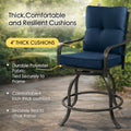 Kozyard outdoor swivel chair close up focusing on the thick resilient seat cushions made of durable weather resistant polyester fabric securely tied with straps to the metal frame.