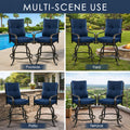 Kozyard versatile patio bar stools set shown in multiple scenes including a poolside deck, grassy yard lawn, stone tiled patio bistro area, and an outdoor high rise apartment terrace balcony.