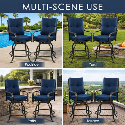 Kozyard versatile patio bar stools set shown in multiple scenes including a poolside deck, grassy yard lawn, stone tiled patio bistro area, and an outdoor high rise apartment terrace balcony.