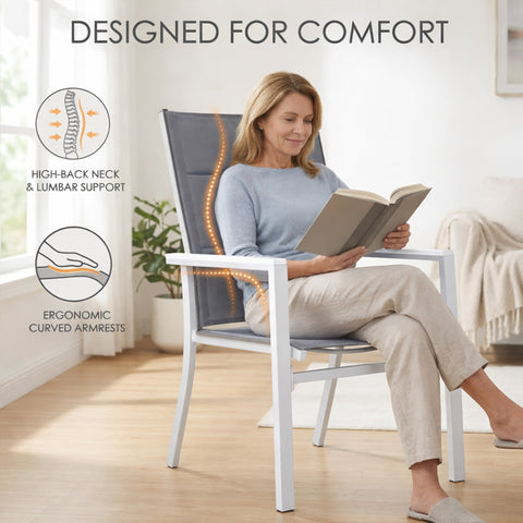 kozyard Outdoor Patio Dining Chairs, Ergonomic Patio Chairs with High-Back Neck & Lumbar Support, Curved Armrests, Padded Textilene Fabric & Aluminum Frame
