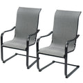 Two dining chairs with a sleek black metal frame and gray fabric seating and backrest are displayed. The chairs feature curved armrests and a sturdy, simple - yet - modern design, suitable for both indoor and outdoor dining setups. Modern Gray Fabric Dining Chairs with Black Metal Frame. dining chairs, gray fabric chairs, black metal frame, modern dining chairs, indoor - outdoor chairs.