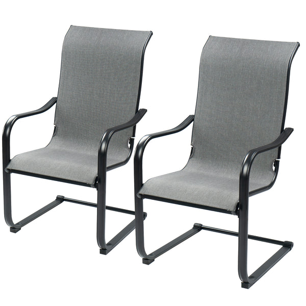 Two dining chairs with a sleek black metal frame and gray fabric seating and backrest are displayed. The chairs feature curved armrests and a sturdy, simple - yet - modern design, suitable for both indoor and outdoor dining setups. Modern Gray Fabric Dining Chairs with Black Metal Frame. dining chairs, gray fabric chairs, black metal frame, modern dining chairs, indoor - outdoor chairs.