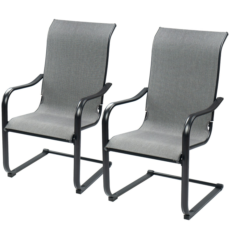Two dining chairs with a sleek black metal frame and gray fabric seating and backrest are displayed. The chairs feature curved armrests and a sturdy, simple - yet - modern design, suitable for both indoor and outdoor dining setups. Modern Gray Fabric Dining Chairs with Black Metal Frame. dining chairs, gray fabric chairs, black metal frame, modern dining chairs, indoor - outdoor chairs.