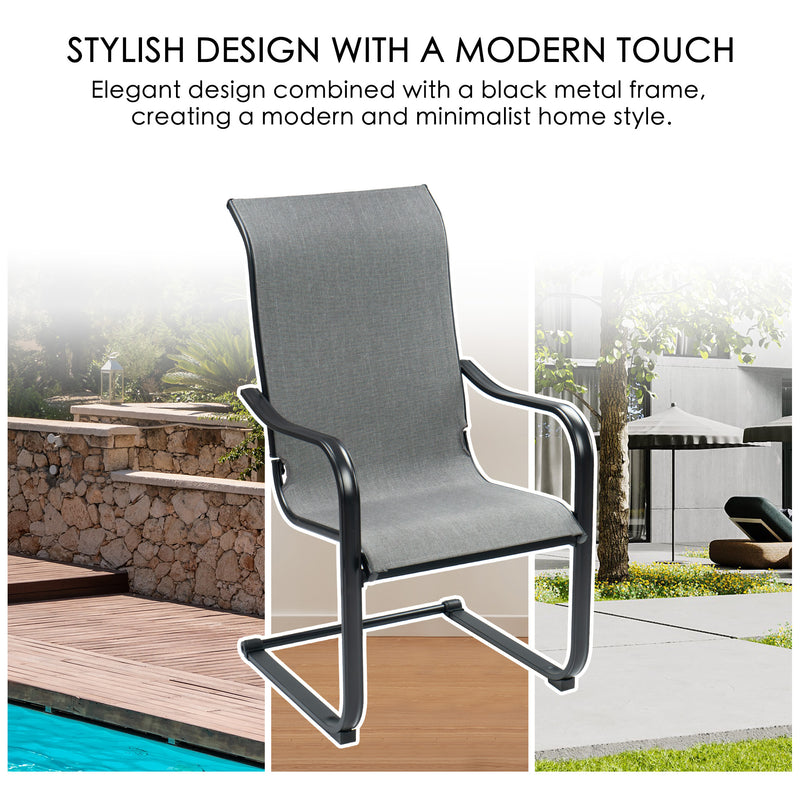 A gray dining chair with a sleek black metal frame is showcased. The text above reads "STYLISH DESIGN WITH A MODERN TOUCH Elegant design combined with a black metal frame, creating a modern and minimalist home style." The background features outdoor settings like a stone - walled patio and a contemporary garden area, emphasizing the chair's suitability for modern outdoor and indoor spaces. Gray Dining Chair: Modern Style with Black Metal Frame. gray dining chair, black metal frame, modern design.