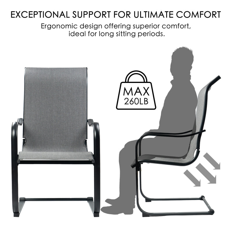 A gray dining chair with a black metal frame is featured, emphasizing its ergonomic design. The text above reads "EXCEPTIONAL SUPPORT FOR ULTIMATE COMFORT Ergonomic design offering superior comfort, ideal for long sitting periods." A silhouette of a person sitting on the chair is shown alongside, with an icon indicating a maximum weight capacity of 260LB.Gray Dining Chair: Ergonomic Comfort with 260LB Capacity. gray dining chair, ergonomic design, comfort, 260LB weight capacity, black metal frame.
