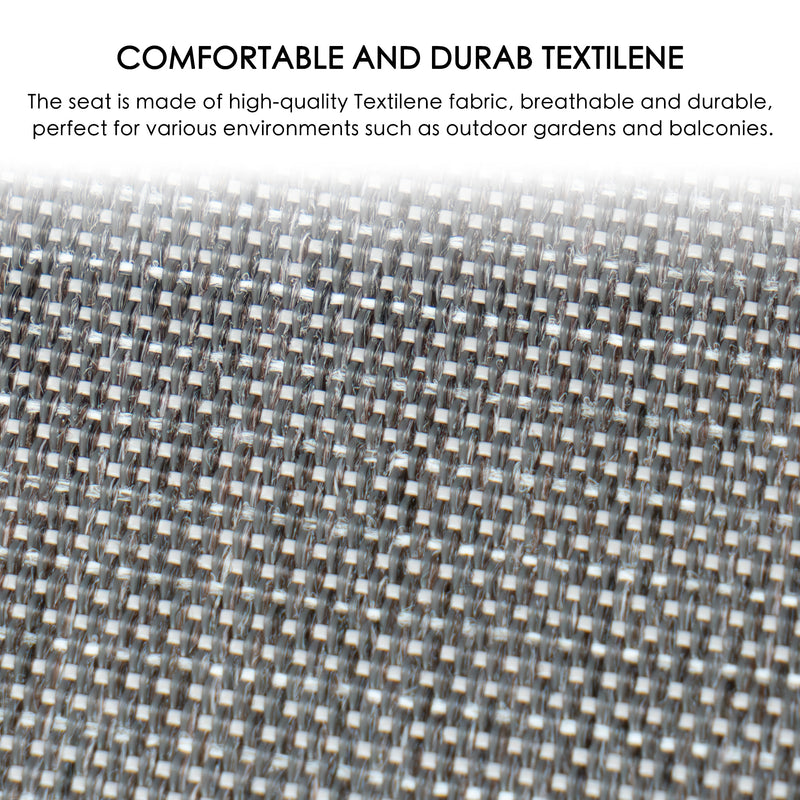 A close - up image of the gray Textilene fabric used on the dining chairs. The text above reads "COMFORTABLE AND DURAB TEXTILENE The seat is made of high - quality Textilene fabric, breathable and durable, perfect for various environments such as outdoor gardens and balconies."Gray Textilene Fabric for Durable and Comfortable Dining Chairs. gray dining chairs, Textilene fabric, breathable fabric, durable fabric, outdoor chairs.