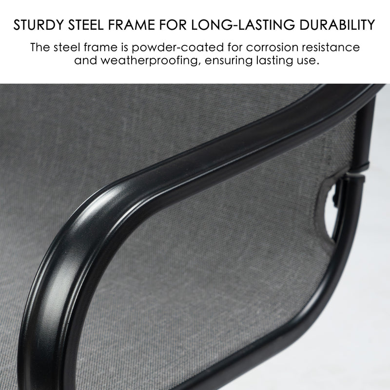 A close - up of the black steel frame of a gray dining chair. The text above reads "STURDY STEEL FRAME FOR LONG - LASTING DURABILITY The steel frame is powder - coated for corrosion resistance and weatherproofing, ensuring lasting use." Gray Dining Chairs: Sturdy Powder - Coated Steel Frame. gray dining chairs, powder - coated steel frame, corrosion resistance, weatherproof, durable chairs.