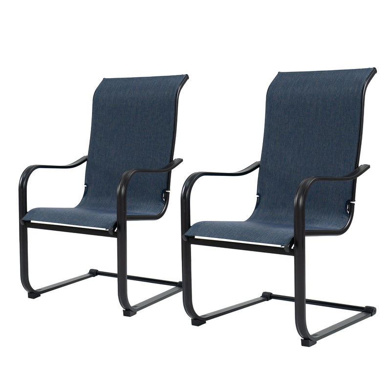Two dining chairs with a sleek black metal frame and navy blue fabric seating and backrest are displayed. The chairs feature curved armrests and a sturdy, simple - yet - modern design, suitable for both indoor and outdoor dining setups. Modern Navy Blue Fabric Dining Chairs with Black Metal Frame. dining chairs, navy blue fabric chairs, black metal frame, modern dining chairs, indoor - outdoor chairs.