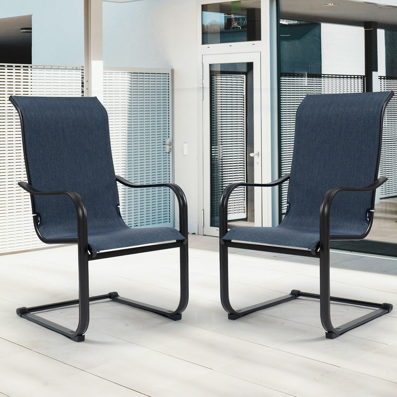 Two navy blue dining chairs with sleek black metal frames are placed on a light - colored floor in an outdoor - indoor transitional space. The chairs feature curved armrests and high - backed navy blue fabric seats, providing both style and comfort. Stylish Navy Blue Fabric Dining Chairs with Black Frames. navy blue dining chairs, black metal frame, fabric - seated chairs, modern dining chairs, indoor - outdoor chairs.