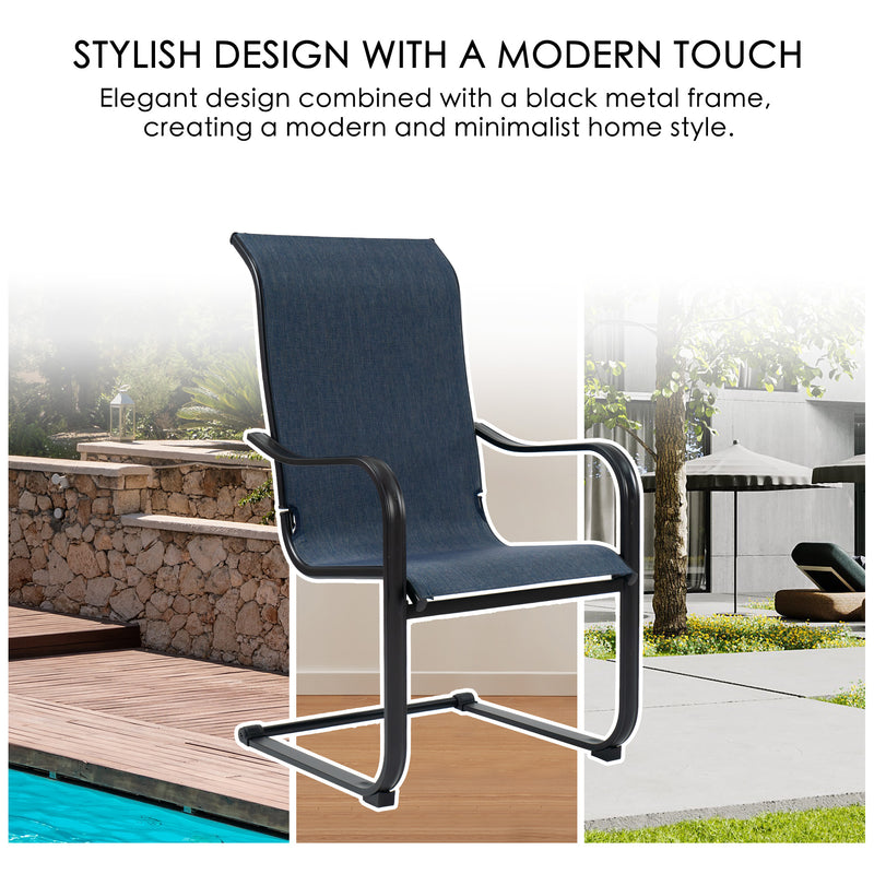 A navy blue dining chair with a sleek black metal frame is showcased. The text above reads "STYLISH DESIGN WITH A MODERN TOUCH Elegant design combined with a black metal frame, creating a modern and minimalist home style." The background features outdoor settings like a stone - walled patio and a contemporary garden area, emphasizing the chair's suitability for modern outdoor and indoor spaces. Navy Blue Dining Chair: Modern Style with Black Metal Frame. navy blue dining chair, black metal frame, modern 