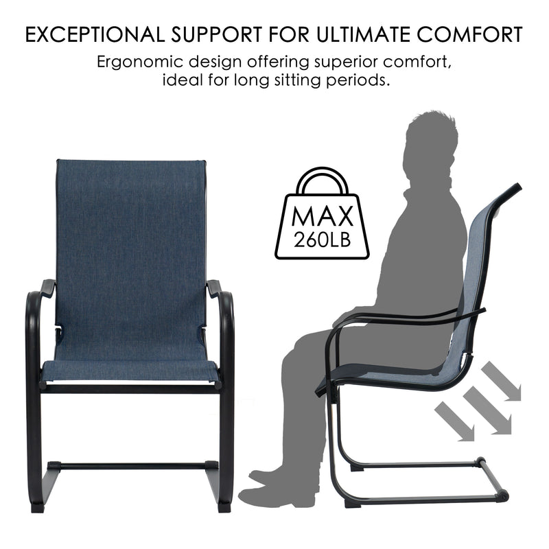 A navy blue dining chair with a black metal frame is featured, emphasizing its ergonomic design. The text above reads "EXCEPTIONAL SUPPORT FOR ULTIMATE COMFORT Ergonomic design offering superior comfort, ideal for long sitting periods." A silhouette of a person sitting on the chair is shown alongside, with an icon indicating a maximum weight capacity of 260LB.
Navy Blue Dining Chair: Ergonomic Comfort with 260LB Capacity. navy blue dining chair, ergonomic design, comfort, 260LB weight capacity, black metal 
