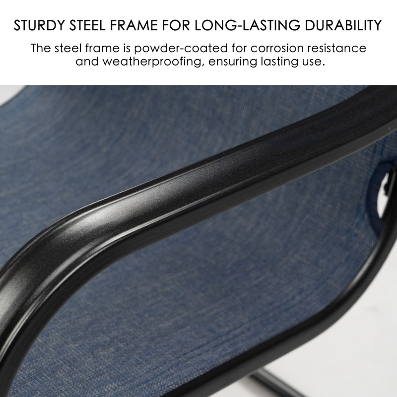 A close-up of the black steel frame of a navy blue dining chair. The text above reads "STURDY STEEL FRAME FOR LONG-LASTING DURABILITY The steel frame is powder-coated for corrosion resistance and weatherproofing, ensuring lasting use."
Navy Blue Dining Chairs: Sturdy Powder-Coated Steel Frame. navy blue dining chairs, powder-coated steel frame, corrosion resistance, weatherproof, durable chairs.