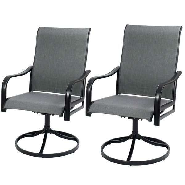 Title: Modern Outdoor Swivel Patio Chairs - Set of 2  
Alt Text: Two modern black outdoor swivel patio chairs with gray mesh seating, perfect for garden or backyard relaxation.  
Keywords: outdoor swivel chairs, patio furniture, modern garden seating, black mesh chairs, backyard decor
