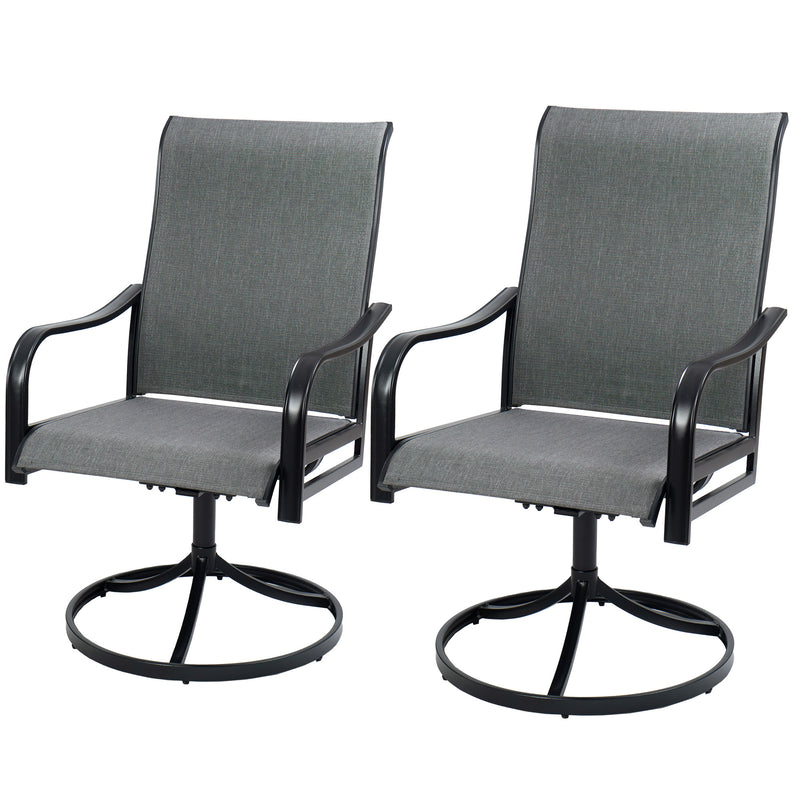 Title: Modern Outdoor Swivel Patio Chairs - Set of 2  
Alt Text: Two modern black outdoor swivel patio chairs with gray mesh seating, perfect for garden or backyard relaxation.  
Keywords: outdoor swivel chairs, patio furniture, modern garden seating, black mesh chairs, backyard decor
