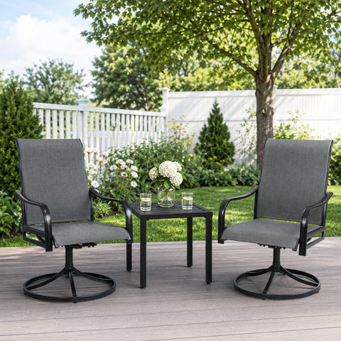 Kozyard outdoor patio swivel chairs set of 2 in gray Textilene fabric with black metal frames, styled on a bright covered porch with a small side table. These high back patio chairs feature comfortable armrests, breathable sling seating, sturdy round swivel bases and a modern neutral design for porch, deck, backyard, balcony, garden or poolside seating. Kozyard patio dining chairs offer comfortable outdoor seating for relaxing, entertaining and everyday outdoor living.