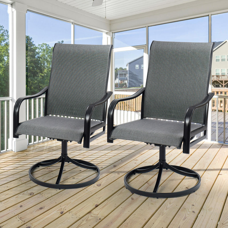 Outdoor Swivel Chairs for Patio
Two outdoor swivel chairs with gray woven seats and backs, black metal frames, placed on a wooden patio with a scenic view in the background. Keywords: outdoor swivel chairs, patio furniture
