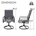 Kozyard outdoor swivel patio chair dimensions and size guide showing a 38 9/16 inch overall height, 23 inch chair width, 19 3/8 inch seat width, 21 inch seat depth and 16 1/8 inch seat height. This gray high back Textilene patio chair features a black metal frame, curved armrests, round swivel base and 260 lb weight capacity. Detailed measurements help shoppers choose Kozyard patio dining chairs for deck, porch, balcony, backyard, garden and outdoor dining spaces.