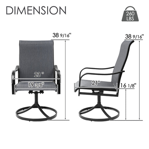 Kozyard outdoor swivel patio chair dimensions and size guide showing a 38 9/16 inch overall height, 23 inch chair width, 19 3/8 inch seat width, 21 inch seat depth and 16 1/8 inch seat height. This gray high back Textilene patio chair features a black metal frame, curved armrests, round swivel base and 260 lb weight capacity. Detailed measurements help shoppers choose Kozyard patio dining chairs for deck, porch, balcony, backyard, garden and outdoor dining spaces.