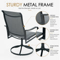 Kozyard heavy duty outdoor patio swivel chair with sturdy black metal frame, reinforced connection points, durable seat support and stable round swivel base. The close-up construction details highlight the strong frame design engineered for dependable everyday outdoor use and smooth 360 degree rotation. This gray Textilene high back patio chair combines durable metal construction, supportive armrests and modern outdoor style for patio dining, porch seating, deck, backyard, balcony, garden or poolside spaces