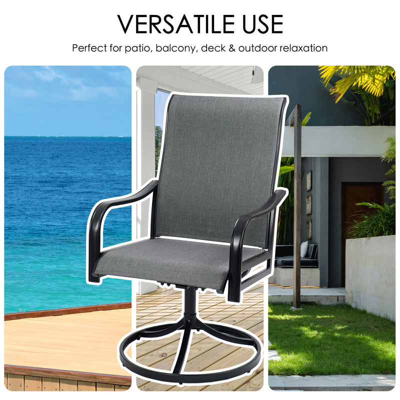 Versatile Outdoor Swivel Chair for Multiple Settings
A gray outdoor swivel chair with black frame, shown in a collage of various settings like beach, patio, and garden, highlighting its versatility for outdoor relaxation. Keywords: versatile outdoor chair, swivel chair, outdoor relaxation