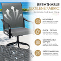 Kozyard breathable Textilene outdoor patio swivel chair in gray, featuring airy quick-drying sling fabric designed for comfortable outdoor seating. The durable woven Textilene seat and high back allow airflow, help moisture dry quickly and offer easy everyday maintenance for patio and poolside use. This Kozyard outdoor dining chair combines weather-friendly fabric, comfortable support, black metal armrests and a swivel base for deck, porch, backyard, balcony, garden, pool and outdoor entertaining areas.
