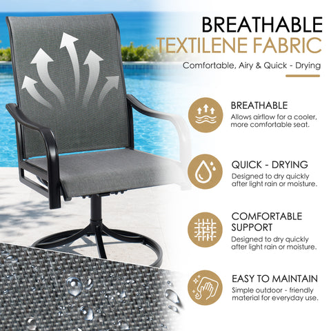 Kozyard breathable Textilene outdoor patio swivel chair in gray, featuring airy quick-drying sling fabric designed for comfortable outdoor seating. The durable woven Textilene seat and high back allow airflow, help moisture dry quickly and offer easy everyday maintenance for patio and poolside use. This Kozyard outdoor dining chair combines weather-friendly fabric, comfortable support, black metal armrests and a swivel base for deck, porch, backyard, balcony, garden, pool and outdoor entertaining areas.