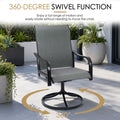Kozyard 360 degree swivel patio chair with gray Textilene high back and sturdy black metal round base, shown rotating on a modern outdoor patio. The smooth swivel function provides a full range of motion so users can easily turn toward conversations, dining tables or outdoor views without moving the entire chair. This Kozyard outdoor swivel dining chair features supportive curved armrests, breathable sling fabric and durable metal construction for porch, deck, backyard, garden, balcony and poolside seating.