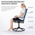 Kozyard ergonomic high back outdoor swivel patio chair designed with a wave-shaped backrest for neck, upper back and lumbar support. The contoured gray Textilene sling follows the body for a relaxed sitting position while the supportive seat helps distribute pressure and the circular metal base offers comfortable foot placement. This Kozyard high back patio dining chair combines ergonomic comfort, curved armrests, breathable fabric and swivel seating for long conversations, outdoor meals and relaxing on the