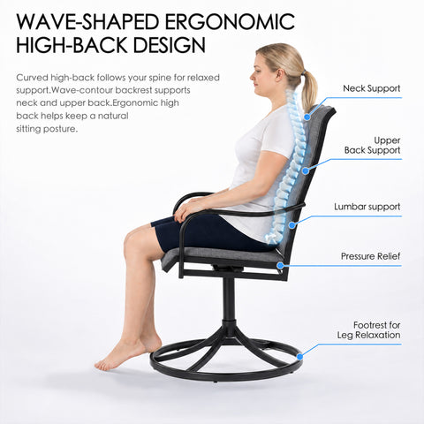Kozyard ergonomic high back outdoor swivel patio chair designed with a wave-shaped backrest for neck, upper back and lumbar support. The contoured gray Textilene sling follows the body for a relaxed sitting position while the supportive seat helps distribute pressure and the circular metal base offers comfortable foot placement. This Kozyard high back patio dining chair combines ergonomic comfort, curved armrests, breathable fabric and swivel seating for long conversations, outdoor meals and relaxing on the
