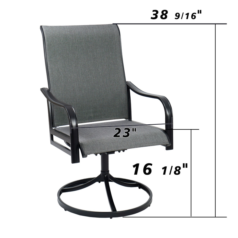 An outdoor swivel chair with labeled dimensions: height 38 9/16 inches, seat width 23 inches, and seat height 16 1/8 inches. Keywords: outdoor swivel chair, dimensions

