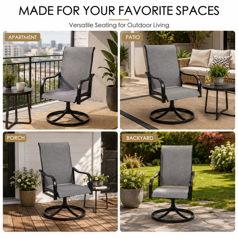 Kozyard versatile outdoor swivel patio chair shown in apartment balcony, patio, porch and backyard settings, demonstrating flexible seating for a wide range of outdoor living spaces. The gray high back Textilene chair features a black metal frame, comfortable curved armrests and stable round swivel base with a clean contemporary look that coordinates with many outdoor decors. Ideal as a Kozyard patio dining chair for balcony seating, porch furniture, garden seating, deck furniture, backyard entertaining and