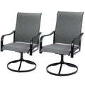 Kozyard outdoor patio swivel chairs set of 2 featuring gray breathable Textilene sling fabric, ergonomic high backs, curved black armrests and sturdy metal frames with round swivel bases. The matching pair offers comfortable and versatile outdoor seating with a modern neutral design that works with patio dining tables and conversation areas. These Kozyard high back swivel patio chairs are ideal for deck, porch, balcony, garden, backyard and poolside use, providing durable seating, airflow, support and smoot