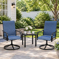 Kozyard blue outdoor swivel patio chairs set featuring breathable Textilene high-back seating, sturdy black metal frames and 360-degree swivel bases. Stylish patio dining chairs for porch, deck, backyard, balcony, garden or poolside seating, designed for comfortable outdoor relaxation with supportive armrests and durable all-weather construction.