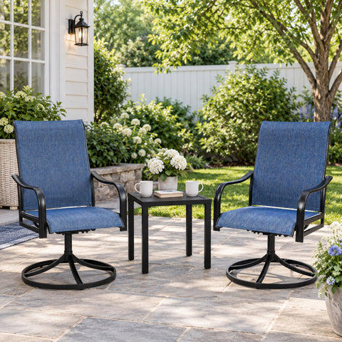 Kozyard blue outdoor swivel patio chairs set featuring breathable Textilene high-back seating, sturdy black metal frames and 360-degree swivel bases. Stylish patio dining chairs for porch, deck, backyard, balcony, garden or poolside seating, designed for comfortable outdoor relaxation with supportive armrests and durable all-weather construction.