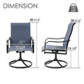 Kozyard outdoor swivel patio chair dimensions: 38 9/16-inch overall height, 23-inch chair width, 19 3/8-inch seat width, 21-inch seat depth and 16 1/8-inch seat height, with a 260 lb weight capacity. High-back blue Textilene patio chair with metal frame and round swivel base for deck, porch, balcony and backyard outdoor furniture.