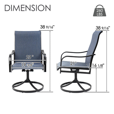 Kozyard outdoor swivel patio chair dimensions: 38 9/16-inch overall height, 23-inch chair width, 19 3/8-inch seat width, 21-inch seat depth and 16 1/8-inch seat height, with a 260 lb weight capacity. High-back blue Textilene patio chair with metal frame and round swivel base for deck, porch, balcony and backyard outdoor furniture.