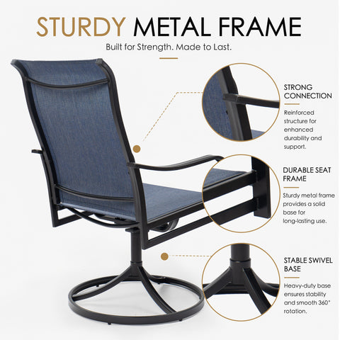 Kozyard heavy-duty outdoor swivel patio chair with sturdy black metal frame, reinforced armrest connections, durable seat support and stable round swivel base. Built for long-lasting outdoor use, this blue high-back Textilene chair combines strength, support and smooth 360-degree rotation for patio, porch, deck, garden, balcony and backyard seating.