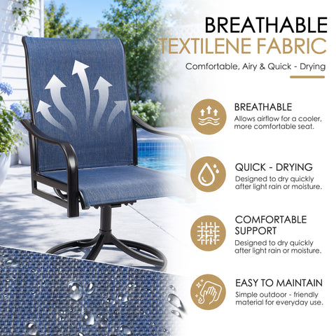 Kozyard breathable Textilene outdoor swivel patio chair with quick-drying blue mesh fabric designed for airflow, comfort and easy maintenance. The supportive high-back seat helps stay cool during warm weather and dries quickly after light rain or moisture, making it ideal outdoor furniture for patios, decks, porches, balconies, gardens and poolside spaces.