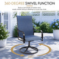 Kozyard 360-degree swivel patio chair with blue breathable Textilene fabric, ergonomic high back, curved armrests and sturdy black metal base. Smooth full-circle rotation lets you turn easily without moving the chair, creating comfortable outdoor seating for patio dining, deck relaxation, porch lounging, backyard entertaining, balcony and garden furniture.