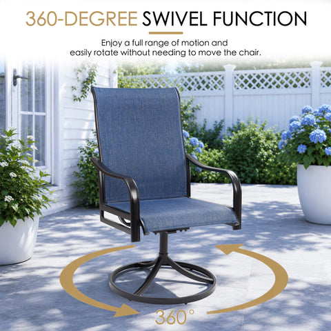 Kozyard 360-degree swivel patio chair with blue breathable Textilene fabric, ergonomic high back, curved armrests and sturdy black metal base. Smooth full-circle rotation lets you turn easily without moving the chair, creating comfortable outdoor seating for patio dining, deck relaxation, porch lounging, backyard entertaining, balcony and garden furniture.